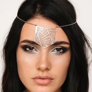 Forehead Crown, Stainless Steel Festival Headpiece, Geometric Head Chain, Rave Jewelry, Acid Etched Metal, Futuristic Costume Accessory
