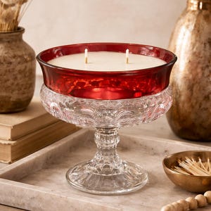 Indiana Glass King’s Crown Vintage 1960s Thumbprint Ruby Stained Glass Compote bowl Candy Dish with optional candle filled