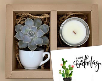 Happy Birthday Gift Box with Live Succulent & Candle – Personalized Birthday Care Package for Her, Unique Plant Lover Gift, Spa Gift Set