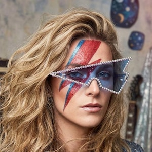 David Bowie Style Lightning Bolt Rhinestone Sunglasses Glam Rock Statement Shades | Ziggy Stardust Inspired Retro Futuristic Fashion Glasses