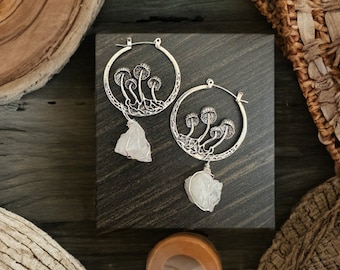 Genuine Quartz Crystal and Mushroom Earrings - Shroom and Crystal Earrings - Shrooms - psychedelics - festival drop earrings