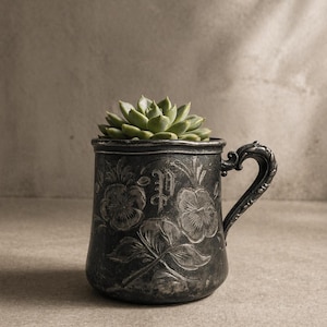 May include: A vintage silver-toned mug with floral engravings and a handle, holding a green succulent plant. The mug features detailed embossed flowers and a decorative handle. The plant adds a natural element to the antique design.