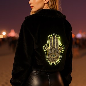LED Faux Fur Coat Light Up Hamsa Festival Jacket / Burning Man Outfit – Rave Fur Coat Illuminated Coat – Glow in the Dark Festival SMALL