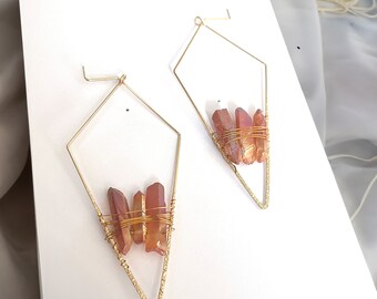 Triple Aura Crystal Point Geometric Wire Earrings - Gold toned - Natural Boho Zen Earrings - Healing Crystal Jewelry - Angel Aura Quartz