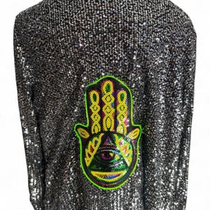 Black Sequin Hamsa Decal Light Up Psychedelic Festival Jacket  Unisex  Men's SmWomen's M - Surrealism Outfit  - Concert Evil Eye Burning Man