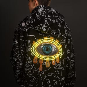LED Light Up jacket - Festival Coat - Faux fur light jacket - Evil Eye Surreal Party Jacket  Party Coat- Burning Man - Rave Coat SM/MED