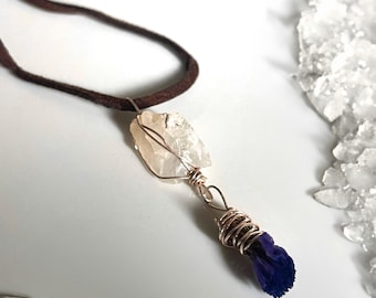 Handmade ONE OF A KIND Wire Wrapped Genuine Joshua Tree clear quartz and real wildflower necklace on vegan leather strap