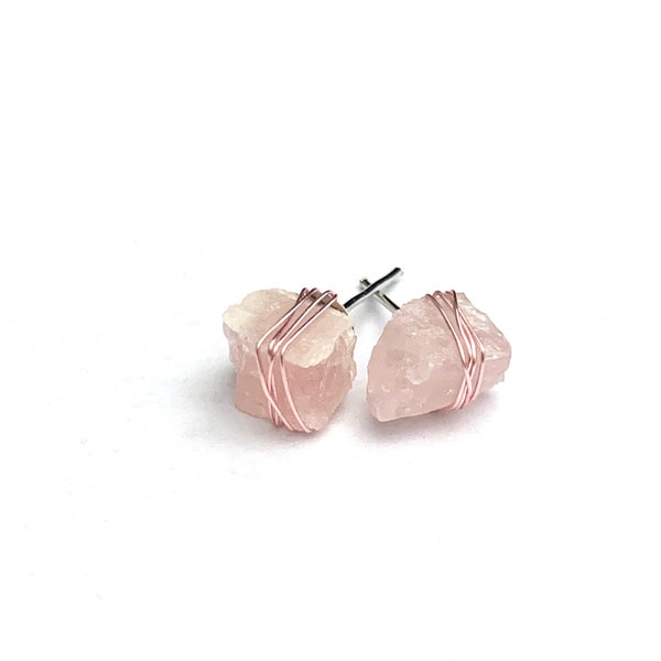 Genuine  Raw Rose Quartz Crystal healing stone earrings - wire wrapped stud earrings / reiki stones / gemstone / studs / natural protection