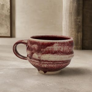 Signed Studio Pottery Mug, Hand-Thrown Burgundy Cream Stoneware Coffee Cup, Oxblood Artisan Ceramic - Hand Thrown signed ceramics, wabi-sabi