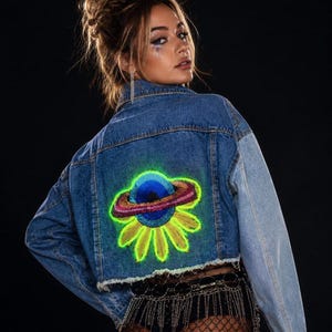 Handmade Light Up Sequin Planet Denim Jacket | Burning Man Festival Jacket | Rave Wear | Cosmic Party Crop Jean Jacket | Women's Medium