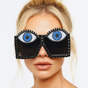 Rhinestone Fake Eyes Sunglasses - Surrealist Optical Illusion Aviator or black Cartoon Anime Eye Sunglasses | Surreal Sunglasses | Sunnies