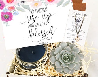 Gift For Mom - Joshua Tree Raw Quartz Necklace and candle -Proverbs 31:28 gift box - her children rise up and call he - Mothers Day Gift Box