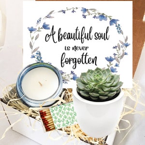 A Beautiful Soul is Never Forgotten - Succulent and Candle Gift Box - Grief Gift - Sorry for your Loss Care Package - blue flowers