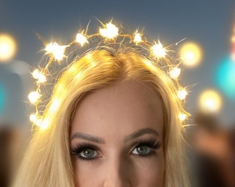 Gold Light-Up Goddess Crown: Rhinestone Star Halo - Festival Rave Bridal