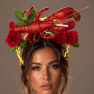 Light Up Lobster Crown Smoking Cigarette, Neon Yellow LED Headpiece, Festival Rave Headband, Surreal Statement Crown, Burning Man Funny Hat