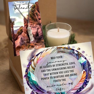 May include: A gift box filled with a selenite crystal necklace, a candle, and a card with the text "May your journey be guided by strength, love, and the unwavering belief that within you lies the power to nurture and bring forth the miracle of life."
