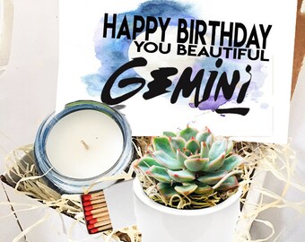 Gemini Succulent Gift Box - Happy Birthday Gift - Send A Gift -  Candle Gift - Succulent Gifts - Gifts that Grow - Succulent Care Package