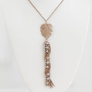 Vintage Gold Tone Leaf and Rhinestone Tassel Necklace – Reworked Mid-Century Elements, Statement Jewelry (1950s, 1960s) - fringe necklace