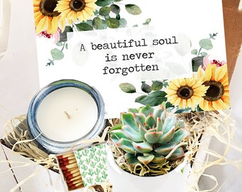A Beautiful Soul is Never Forgotten - Succulent and Candle Gift Box - Grief Gift - Sorry for your Loss Care Package - Funeral - Sunflowers