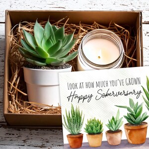May include: A gift box with a small succulent plant, a candle, and a card that reads "Look at how much you've grown. Happy Soberversary." The card features a watercolor illustration of potted succulents.