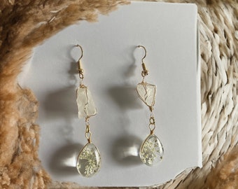 Wildflower and Genuine Quartz Crystal Dangle Earrings - Gold flecks - Statement Earrings - Gemstone dangle earrings