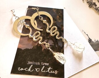 Snake and crescent moon earrings - Genuine Joshua Tree Quartz Crystal earrings - Snake style festival jewelry