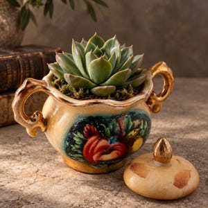 May include: A ceramic sugar bowl with two gold-toned handles and a matching lid, featuring a painted fruit motif on the front. The bowl is filled with a green succulent plant nestled in moss, showcasing a cream-colored base with gold trim.
