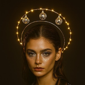 Disco Halo Light-Up Crown – Festival Headpiece with Hanging Mirror Balls and  Lights - Space Disco - Rave Headband - LED HALO Goddess Crown