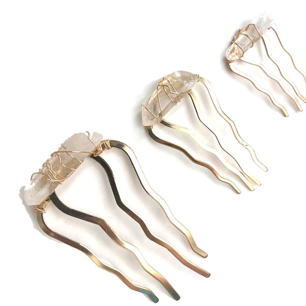 Genuine Quartz Crystal Point Hair Pins - Gold-Toned Wire Wrapped - Set on 4 Prawn Hair Combs - Genuine Real Crystals - Wedding hair decor