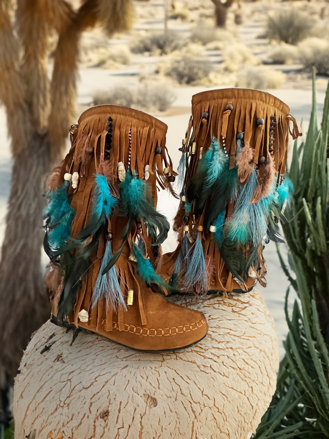 Vegan Leather Fringe Feather Moccasins One of a Kind US Women s Size 8 to 8.5 Adorned With Joshua Tree Crystals Beads Festival Boots Etsy