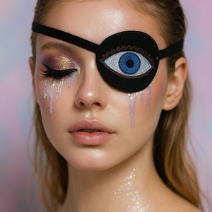 May include: Black eye patch with a blue eye design. The eye patch is worn over one eye. The model has glitter tears and eye makeup. The background is a soft gradient of pink, purple, and blue.