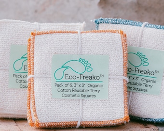 Zero Waste Reusable Organic Cotton Cosmetic Squares / Eco  /Green / Natural / Washable / Handmade /