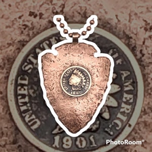 Unique 1901 Indian Head Penny Copper Arrowhead Pendant Necklace