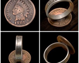 Unique 1901 Indian Head Penny & 1901 Liberty Nickel Coin Ring - Size 7.5