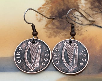30th Birthday - 1994 Ireland Penny Coin Irish Harp Copper EARRINGS - Irish American