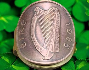 1985 Ireland One Penny HARP Cuff Coin RING made with a Brass Key