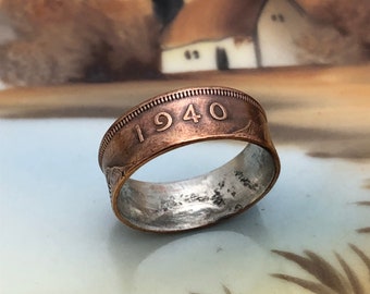 1940 Ireland Halfpenny Pig Coin Ring - Sow & Litter - Size 7.5