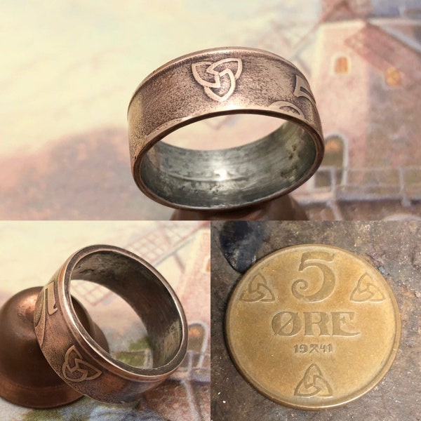 Unique 1941 Norway 5 Øre Three Ornamental Roses Coin Ring - Size 7.25