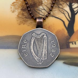 1982 Ireland 50 Pence Coin Woodcock Seven Sided Copper Pendant Necklace - Irish American