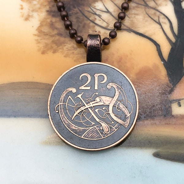 Celtic Knot Pattern Ireland Two Pence Coin Stylized Bird Copper Pendant Necklace