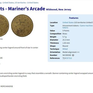 May include: A gold-colored metal token with the inscription "Mariners Arcade Wildwood, N.J." and a star in the center. The reverse side features the inscription "Redeemable in Merchandise 5 Point".