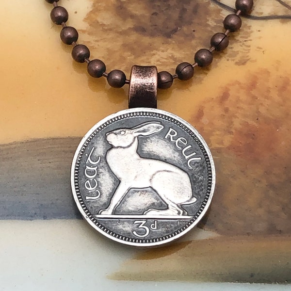 Ireland Three Pence Rabbit Hare Coin Pendant with a Ball Chain Necklace and Copper Backing