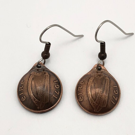 Ireland Coin Earrings Irish Harp Copper Colored Jewelry Celtic Woman Gift 