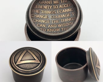Addiction Recovery Serenity Prayer - Copper & Triangle Brass Token - Trinket Jewelry Box