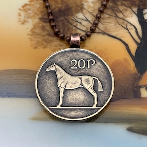 Ireland Twenty Pence Coin Horse Pendant Necklace with Copper Backing