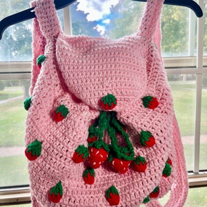 Crochet Strawberry Drawstring Backpack