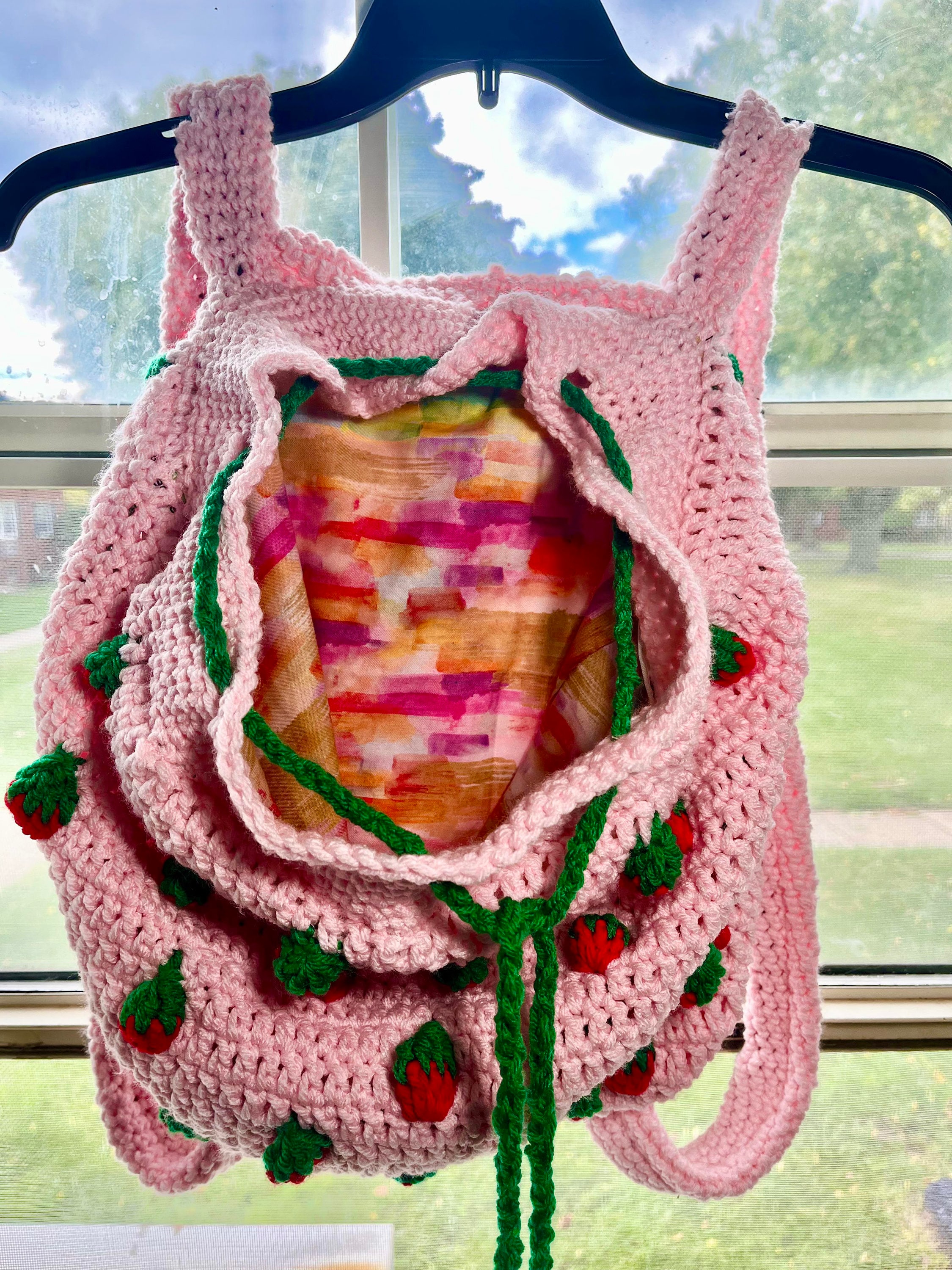 The Sak Pink Crochet Drawstring Backpack Boho Flower Charm Berry Knit Bag The Sak Raspberry Pink Crochet Knit Bag crossbody Purse boho  main image 3