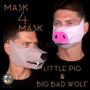 Wolf und Schwein - Machen Sie eine Maske für Ihre Gesichtsmaske mit Papierkarte und dieser Sofort Download PDF-Vorlage | 2 Designs