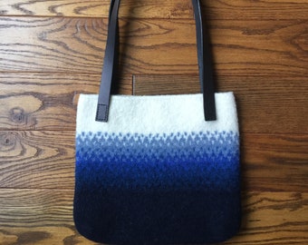 Large blue ombre wool felt tote bag
