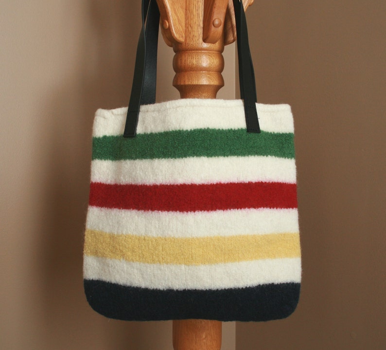 Cream with stripes wool felt tote bag image 5